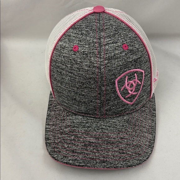 Ariat Accessories - ARIAT Womens Gray Pink White Shield Logo Mesh Back Adjustable Cap 110 Flexfit
